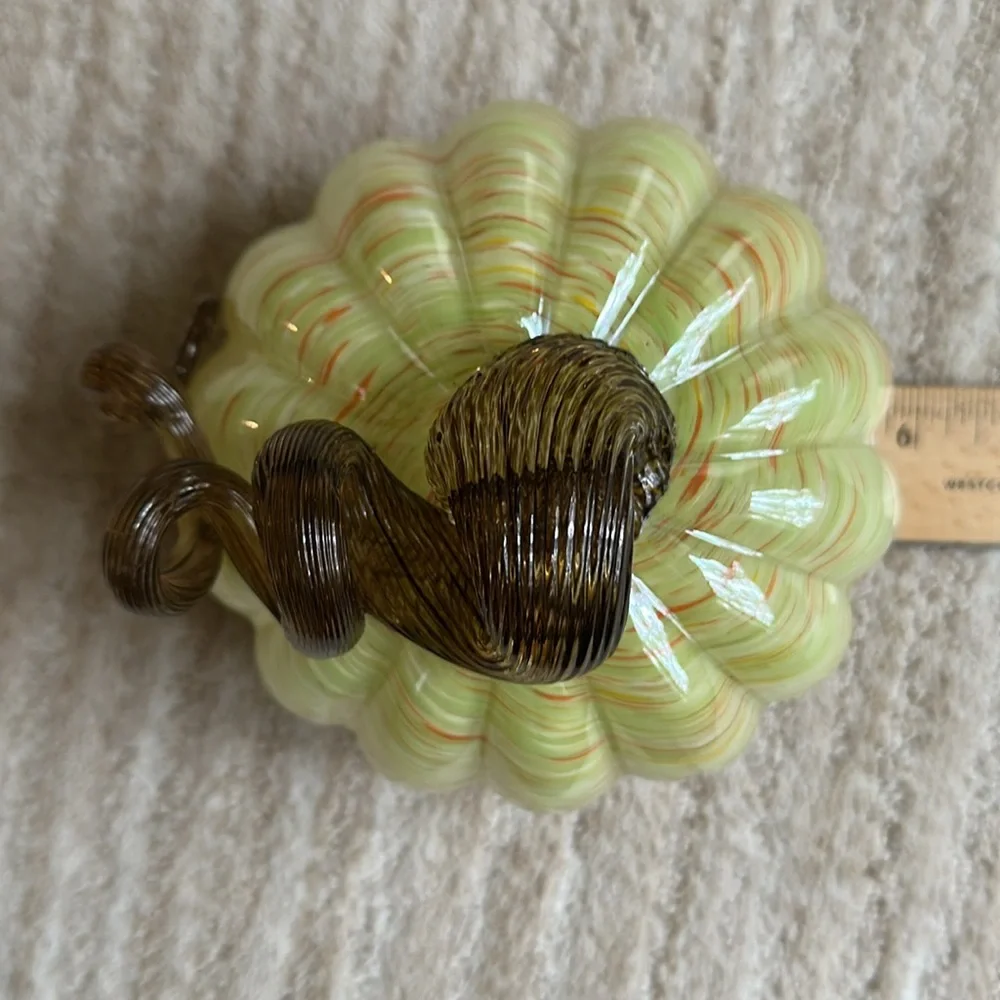 Hand Blown Art Glass Pumpkin Green Orange Flecks Twisted Reeded Clear Stem 5”x4”